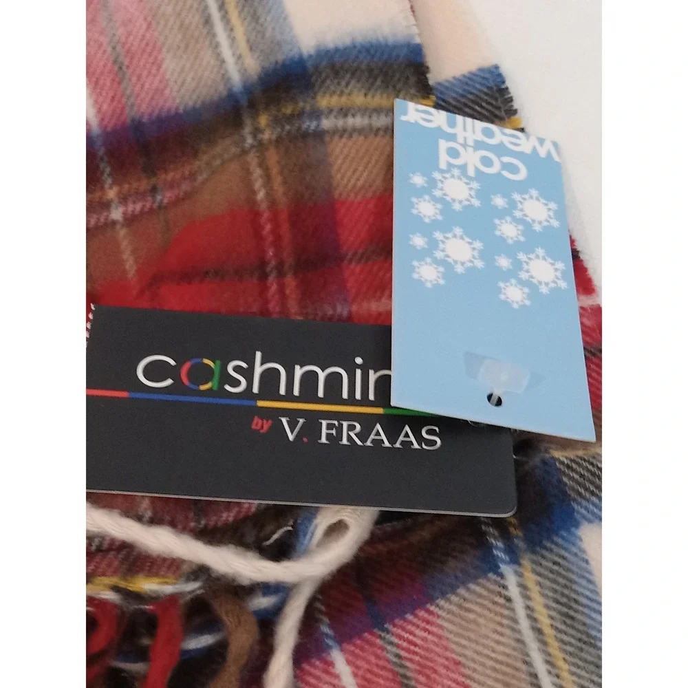 V. Fraas Cashmink Scarf Ivory Red Blue Plaid Made in Germany NWT 972441